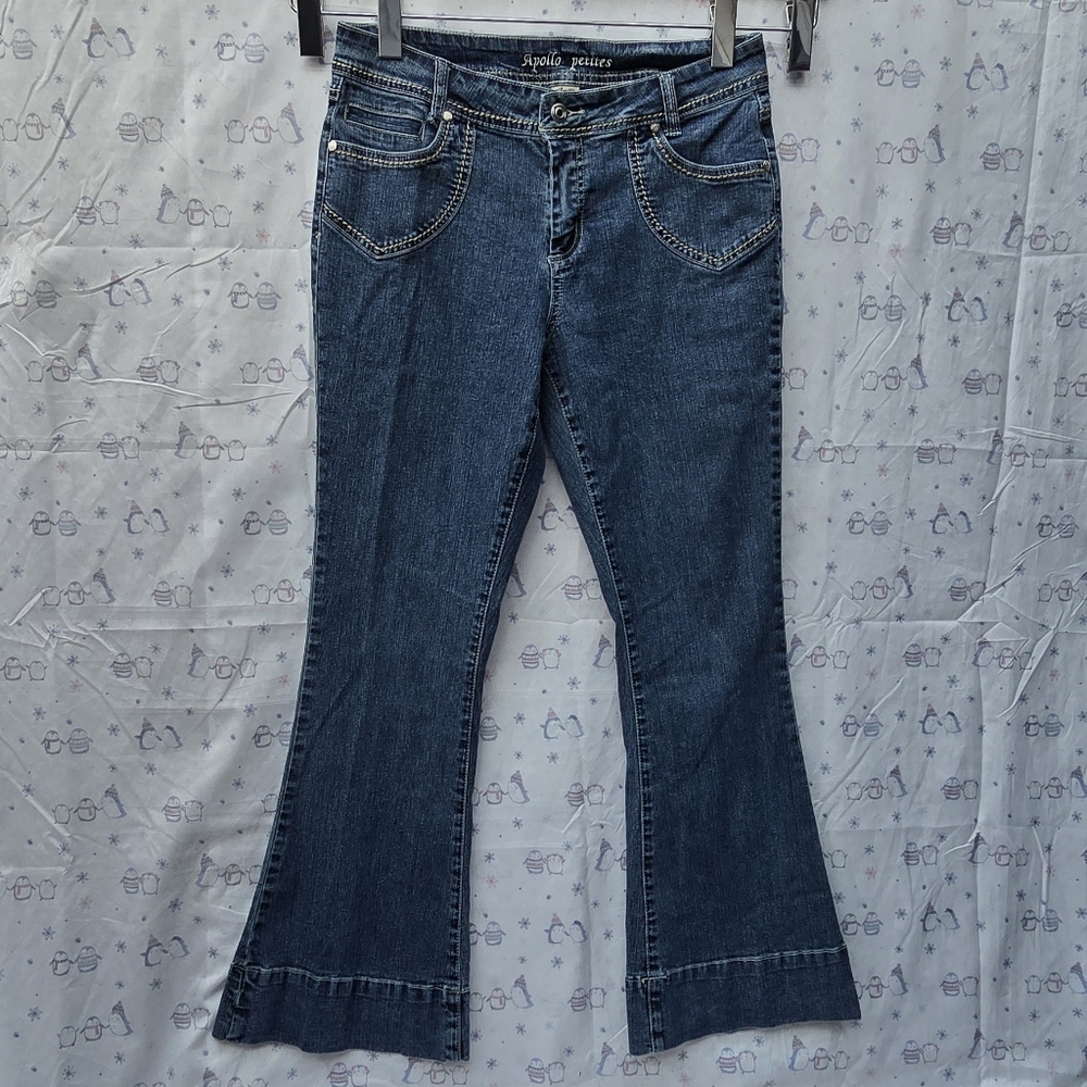 Apollo Petite Women Vintage Blue Denim Bootcut Jeans with Embellished Pockets 6P